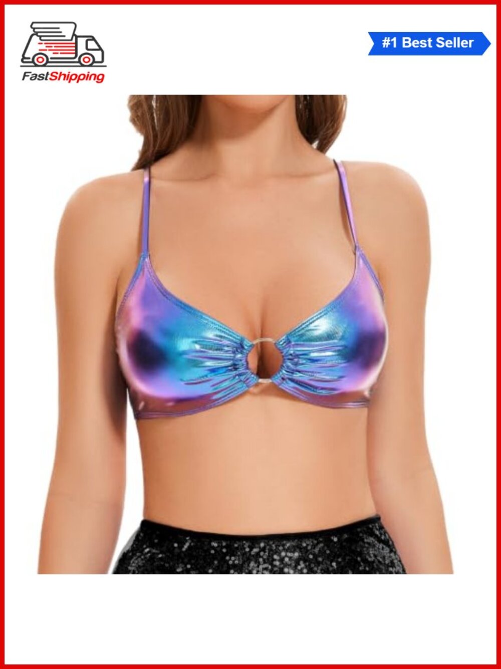 Metallic Bra Top Shiny Bralette Rave Crop Top Metal Ring Festival Party